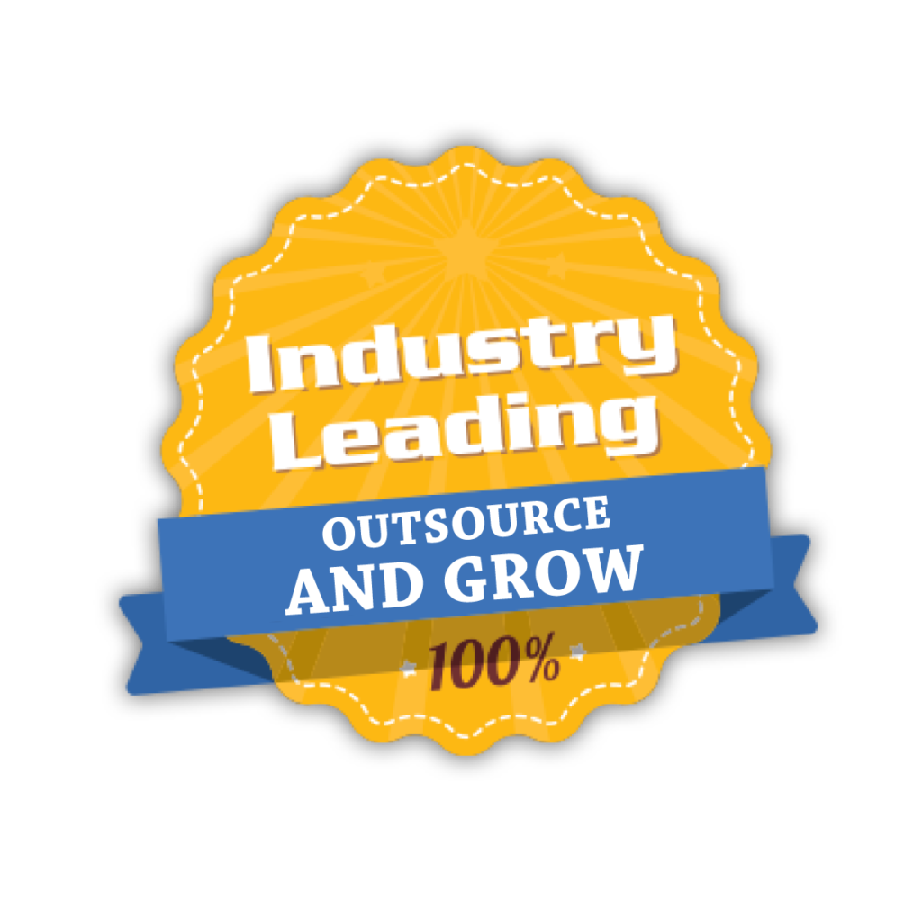 Gold seal with the text "industry leading" in black, a blue ribbon across reading "outsource and grow," and "100%" at the bottom.