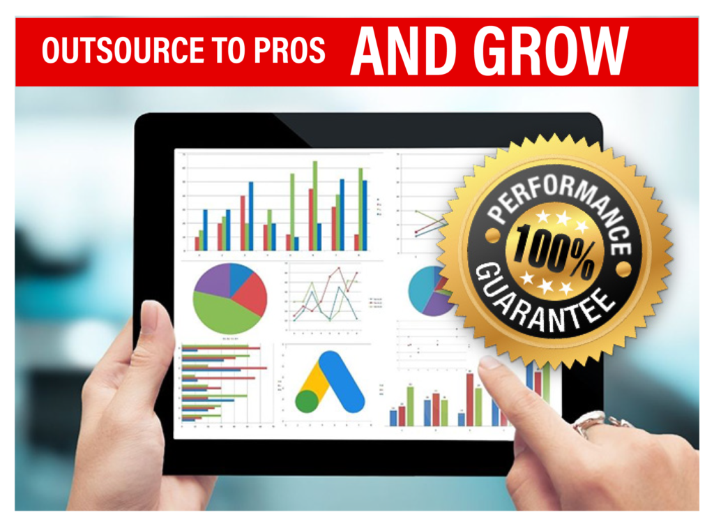 Hands holding a tablet displaying various business graphs and charts, with a badge saying "100% performance guarantee" and text "outsource to pros and grow" above.